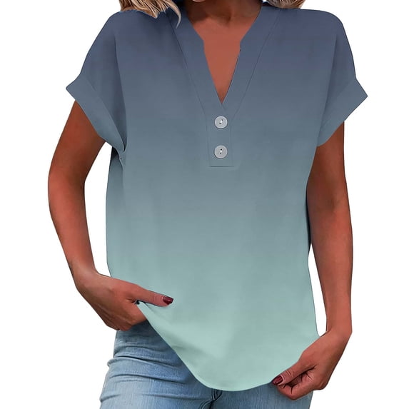 XPMWRP Women's Boho Shirts Linen-Like V Neck Gradient Color Tunic Tops Button Short Sleeve Summer Breathable Loose Vacation Blouse Green L