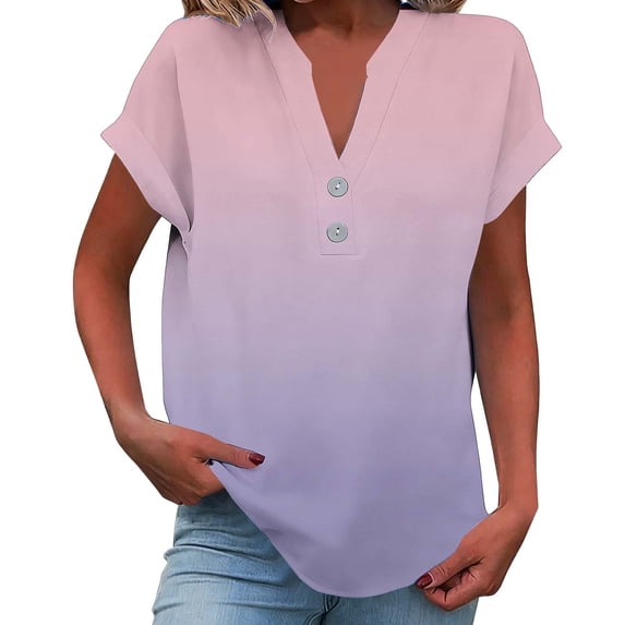 XPMWRP Women's Boho Shirts Linen-Like V Neck Gradient Color Tunic Tops Button Short Sleeve Summer Breathable Loose Vacation Blouse Purple XXXL