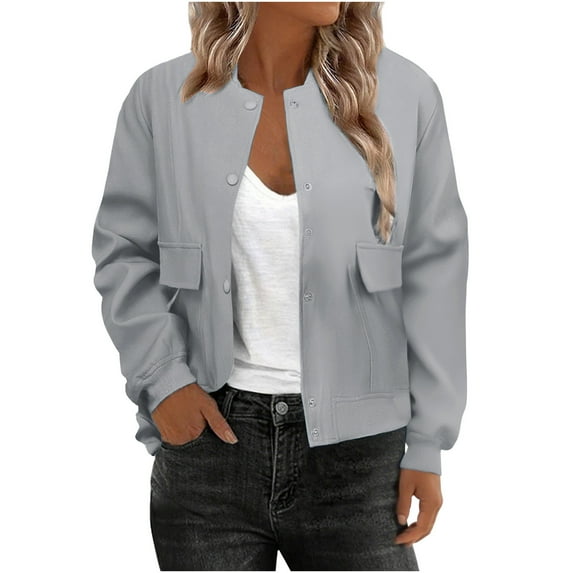 XPMWRP Women's Bomber Solid Color Coats Casual Button Down Varsity Jackets Long Sleeved Shackets With Pockets Outwear Gray S