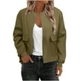 thumbnail image 1 of XPMWRP Women's Bomber Solid Color Coats Casual Button Down Varsity Jackets Long Sleeved Shackets With Pockets Outwear Green M, 1 of 6