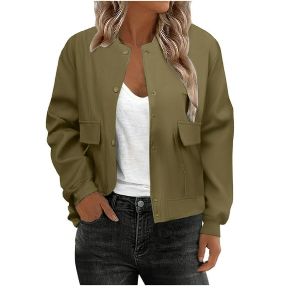 XPMWRP Women's Flight Solid Color Coats Casual Button Down Varsity Jackets Long Sleeved Shackets With Pockets Outwear Green XXL
