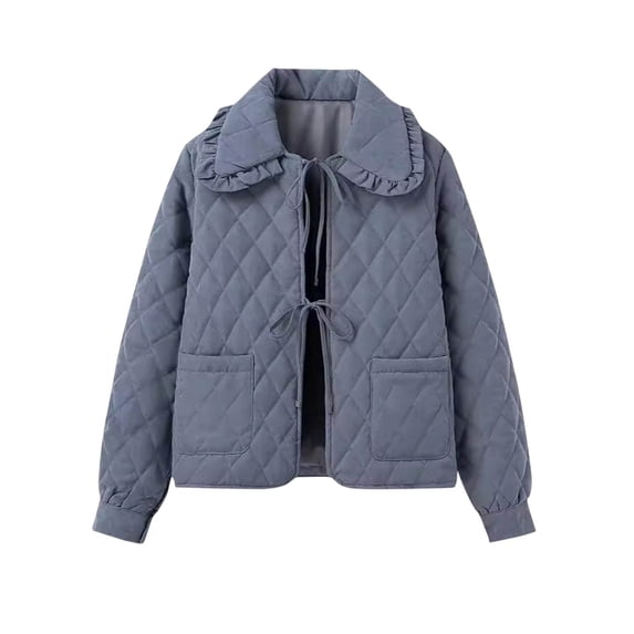 XPMWRP Women's Bow Tie Front Quilted Jackets Oversized Lapel Cute Loose Coats Long Sleeve Solid Color Winter Soft Warm Coats with Pockets Gray M