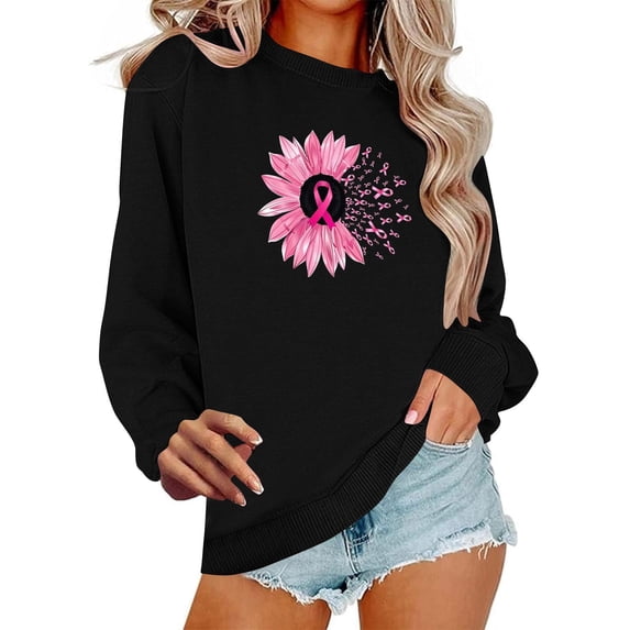 XPMWRP Women's Breast Cancer Sweatshirts Long Sleeve Comfortable Crewneck Lightweight Pullover Fall Winter Loose Casual Clothing Black M