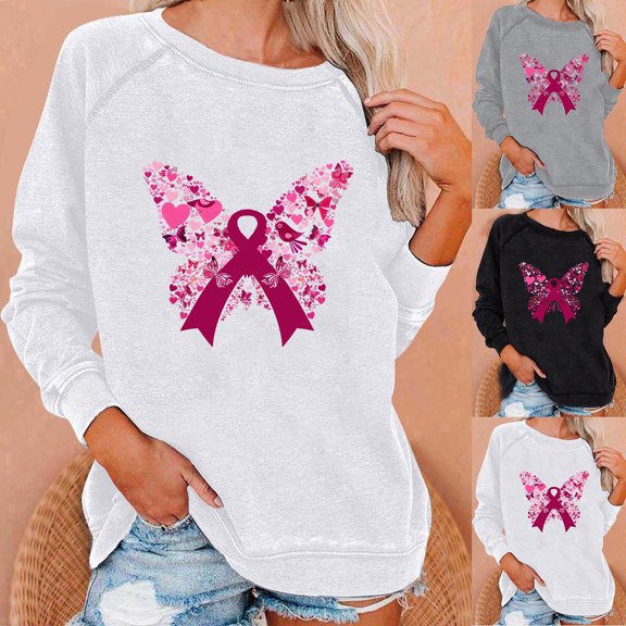 XPMWRP Women's Breast Cancer Sweatshirts Long Sleeve Comfortable Crewneck Lightweight Pullover Fall Winter Loose Casual Clothing Gray S