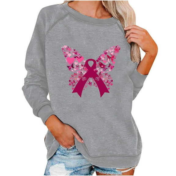 XPMWRP Women's Breast Cancer Sweatshirts Long Sleeve Comfortable Crewneck Lightweight Pullover Fall Winter Loose Casual Clothing Gray XXL