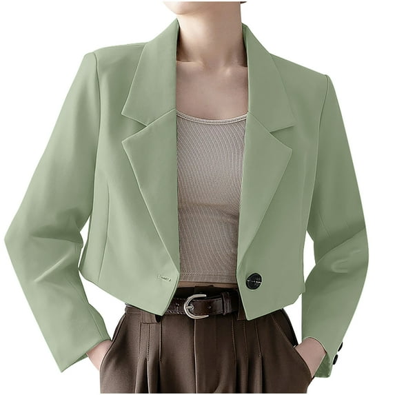 XPMWRP Women's Business Casual Cropped Blazer Jackets Notch Lapel Long Sleeve Solid Color Suit Button Coats Fall Winter Fashion Work Office Clothes Green XXXL