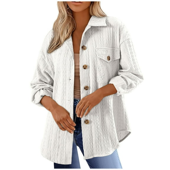 XPMWRP Women's Button Down Textured Coat Long Sleeve Lapel Solid Color Casual Jacket Fall Winter Fashion Loose Clothes with Pockets White S