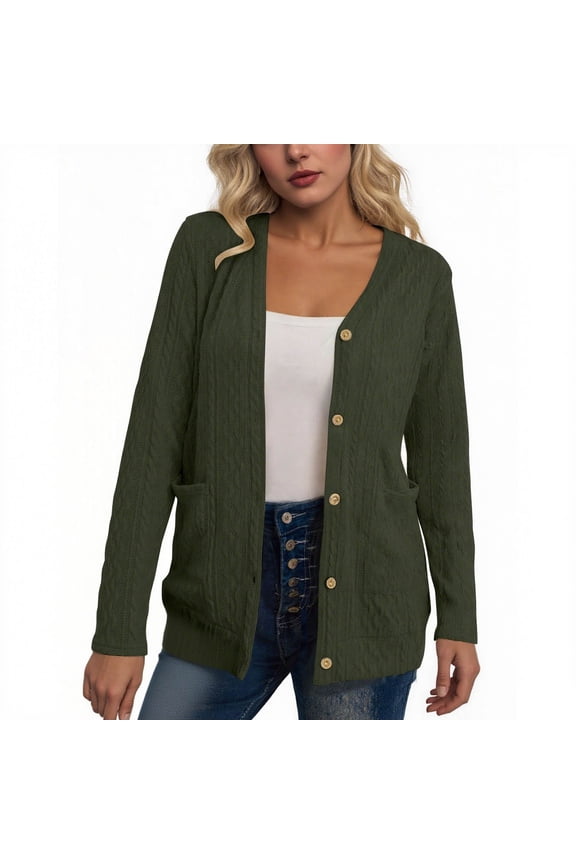Women's Cable Knit Cardigan Chunky Long Sleeve Open Front Button Down Sweater with Pockets Fall Winter Clothing Outerwear Pocket Green XL