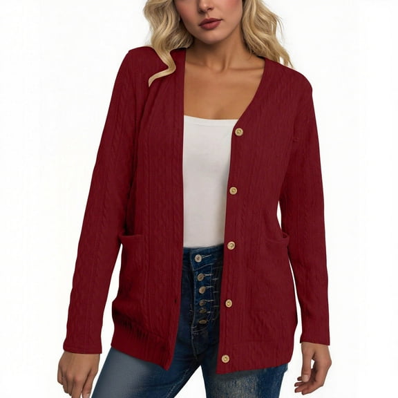XPMWRP Women's Cable Knit Cardigan Chunky Long Sleeve Open Front Button Down Sweater with Pockets Fall Winter Clothing Outerwear Pocket Red XL