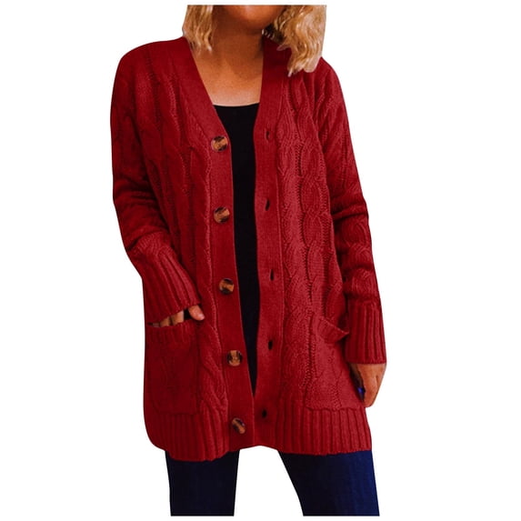 XPMWRP Women's Cardigan Cable Knit Open Front Button Coats Long Sleeve Solid Color Loose Sweater Winter Soft Warm Trendy Jackets with Pockets Red M