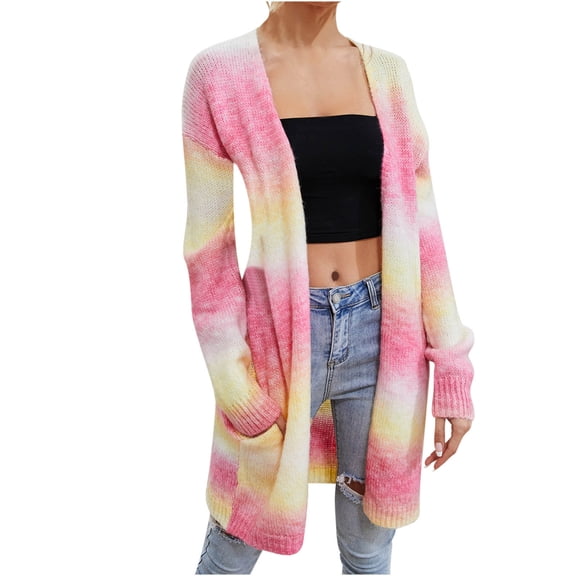 XPMWRP Women's Cardigan Gradient Color Jackets Causal Long Sleeve Open Front Knitted Loose Coats Fall Winter Trendy Coats Red M