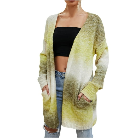 XPMWRP Women's Cardigan Gradient Color Jackets Causal Long Sleeve Open Front Knitted Loose Coats Fall Winter Trendy Coats Yellow S