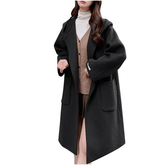 XPMWRP Women's Cardigan Solid Color Hooded Trench Coats Oversized Fleece Trendy Jackets Long Sleeve Winter Warm Casual Jackets with Pockets Black M