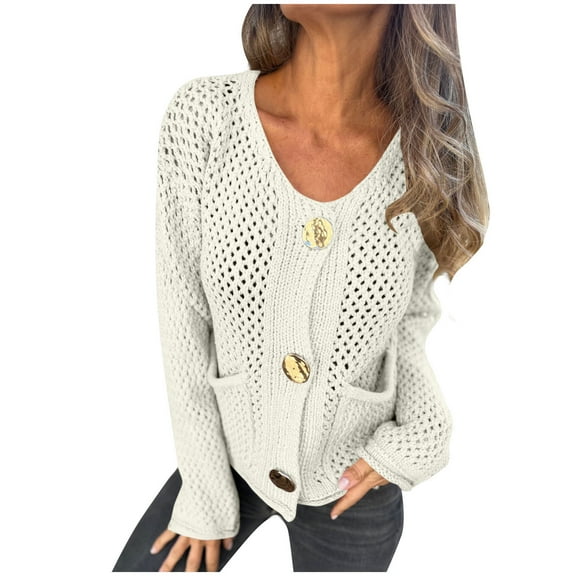 XPMWRP Women's Cardigan Solid Color Sweaters Gold Button Down Chunky Knit Sweaters Long Sleeve Open Front Fall with Pocket Beige M