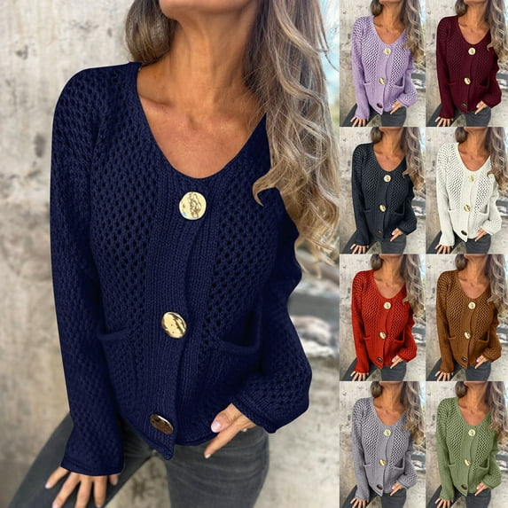 XPMWRP Women's Cardigan Solid Color Sweaters Gold Button Down Chunky Knit Sweaters Long Sleeve Open Front Fall with Pocket Blue S
