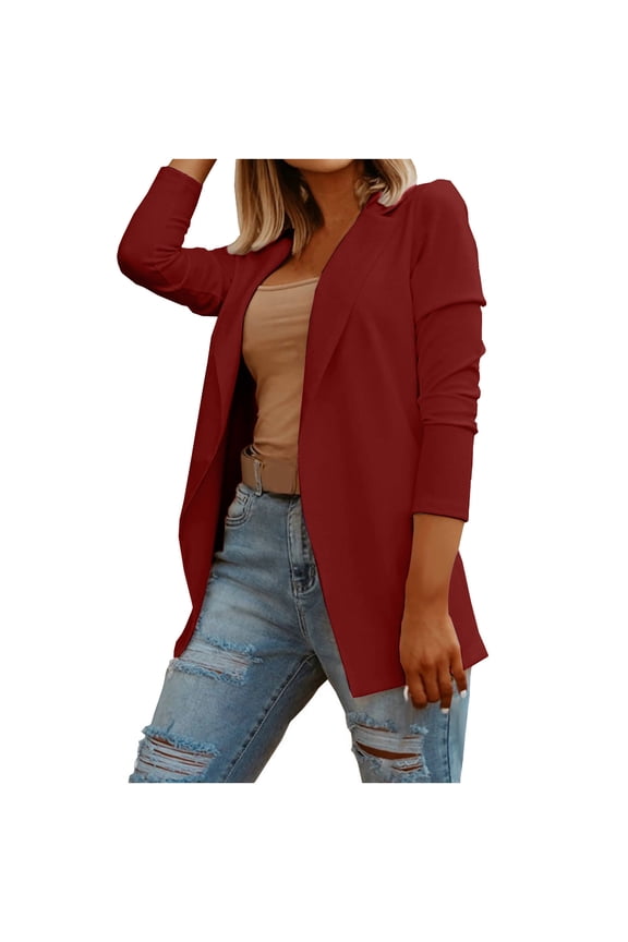 Women's Casual Long Sleeve Blazers Solid Color Knit Blazer Work Office Open Front Lightweight Suit Jacket Red S