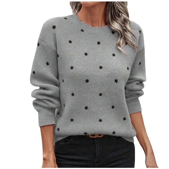 XPMWRP Women's Casual Polka Dot Sweaters Long Sleeve Tops Classic Crew Neck Pullover Sweaters Loose Dressy Casual Basic Clothes Gray XL