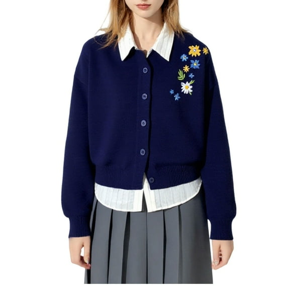 XPMWRP Women's Casual Solid Color Loose Coats Floral Cardigan Sweaters Long Sleeve Button Down Lapel Knit Hoodless Coats Blue Free Size