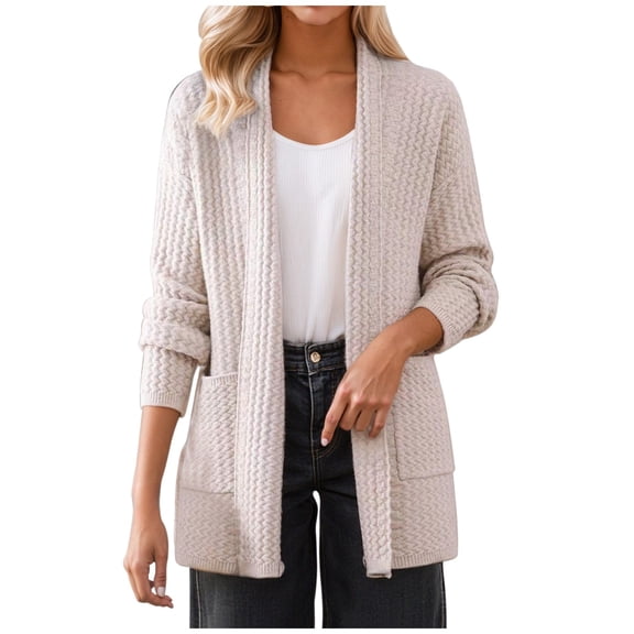 XPMWRP Women's Casual Solid Color Oversized Open Front Cardigans Winter Chunky Knit Lantern Long Sleeve Sweater Coats with Pockets Beige M