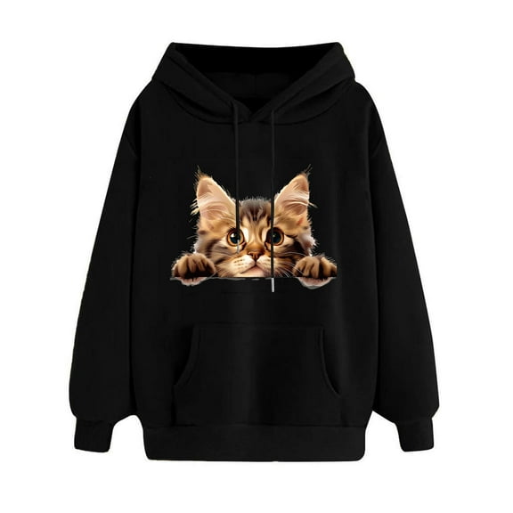 XPMWRP Women's Cat Graphic Print Hoodies Loose Drawstring Sweatshirt Casual Sweaters Funny Long Sleeve Winter Oversized Pullover Tops Black XXL