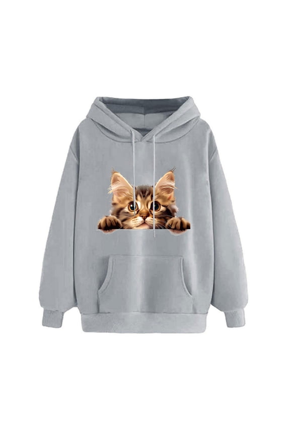 Women's Cat Graphic Print Hoodies Loose Drawstring Sweatshirt Casual Sweaters Funny Long Sleeve Winter Oversized Pullover Tops Gray S