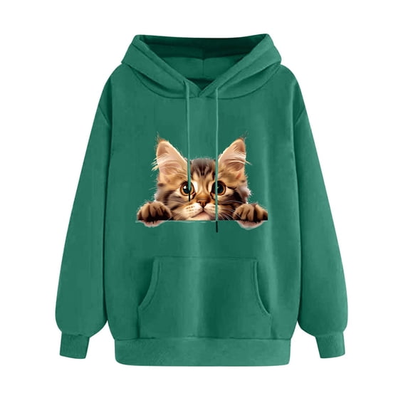 XPMWRP Women's Cat Graphic Print Hoodies Loose Drawstring Sweatshirt Casual Sweaters Funny Long Sleeve Winter Oversized Pullover Tops Green XL