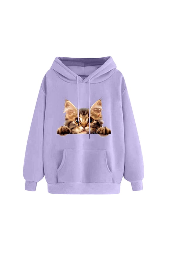 Women's Cat Graphic Print Hoodies Loose Drawstring Sweatshirt Casual Sweaters Funny Long Sleeve Winter Oversized Pullover Tops Purple XXL