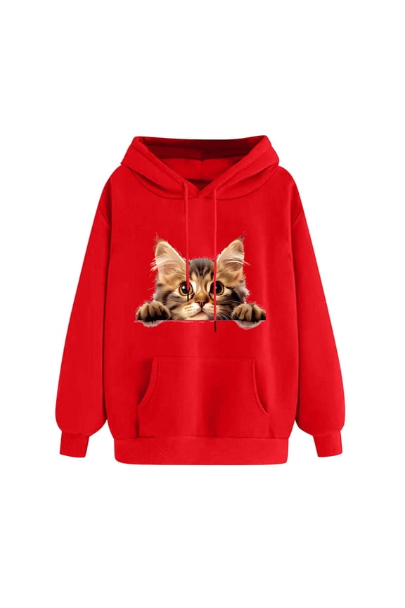 Women's Cat Graphic Print Hoodies Loose Drawstring Sweatshirt Casual Sweaters Funny Long Sleeve Winter Oversized Pullover Tops Red S