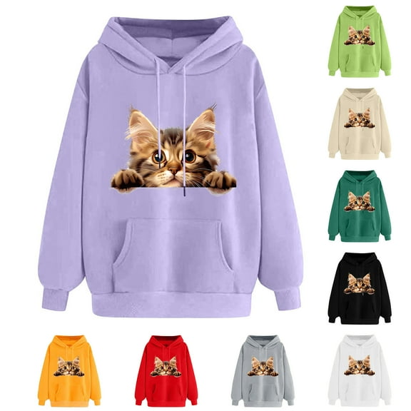 XPMWRP Women's Cat Graphic Print Hoodies Loose Drawstring Sweatshirt Casual Sweaters Funny Long Sleeve Winter Oversized Pullover Tops Red XXL