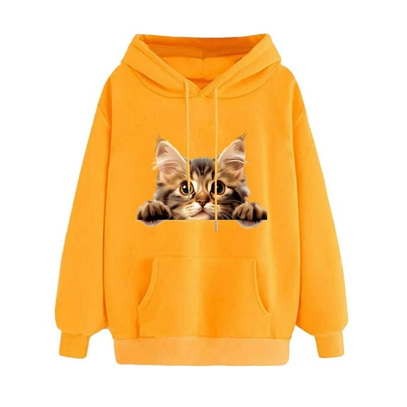 XPMWRP Women's Cat Graphic Print Hoodies Loose Drawstring Sweatshirt Casual Sweaters Funny Long Sleeve Winter Oversized Pullover Tops Yellow XXL