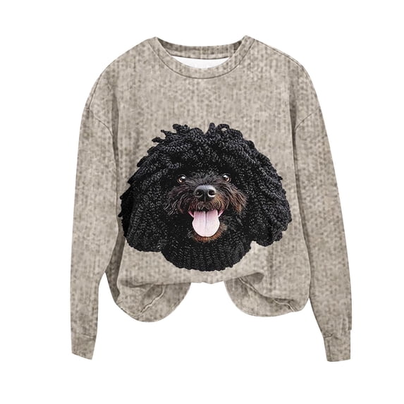 XPMWRP Women's Christmas Dog 3D Print Crewneck Sweatshirts Thick Needle Long Sleeve Pullover Fall Winter Loose Casual Clothes Beige S