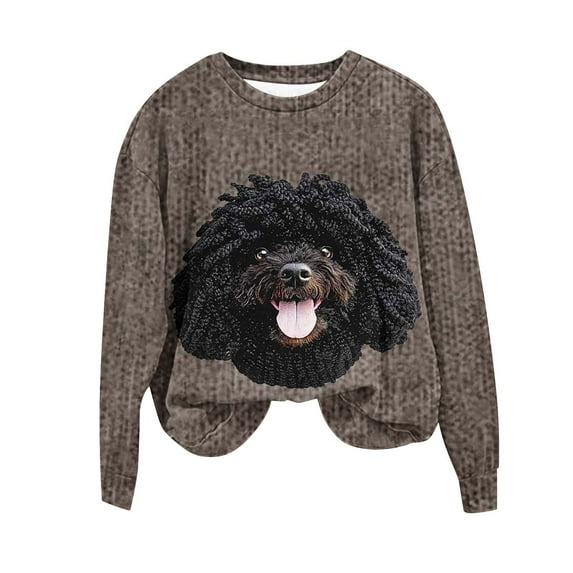 XPMWRP Women's Christmas Dog 3D Print Crewneck Sweatshirts Thick Needle Long Sleeve Pullover Fall Winter Loose Casual Clothes Brown L
