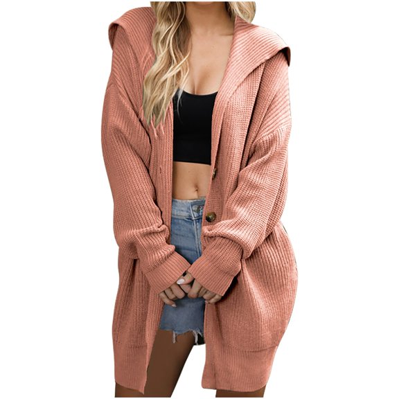 XPMWRP Women's Chunky Knit Button Long Coats Lapel Collar Long Sleeve Solid Color Jacket Oversized Winter Soft Warm Cardigan Coats Pink S