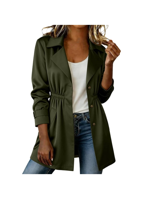 Women's Cinched Waist Trench Coat, Notched Lapel Mid Length Lightweight Windbreaker Jacket with Pockets Army Green S