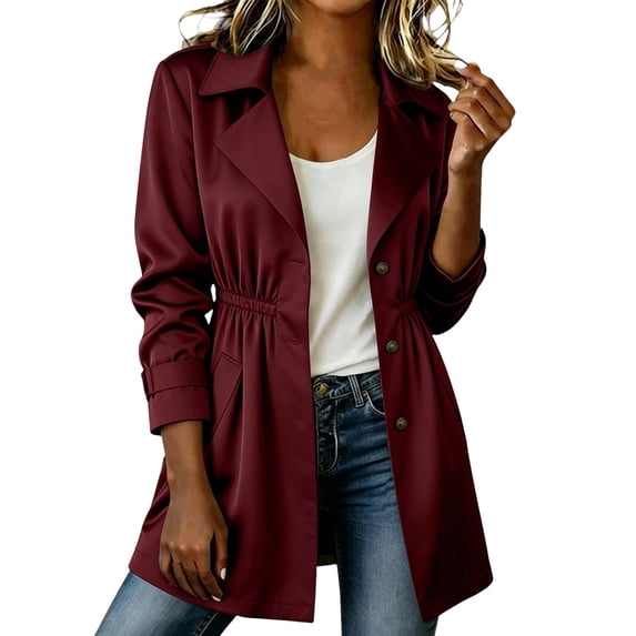 XPMWRP Women's Cinched Waist Trench Coat, Notched Lapel Mid Length Lightweight Windbreaker Jacket with Pockets Wine XXL