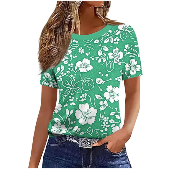 XPMWRP Women's Classic Floral T Shirts Casual Short Sleeve Crew Neck Basic Tee Loose Fit Summer Top for Daily Wear Green S