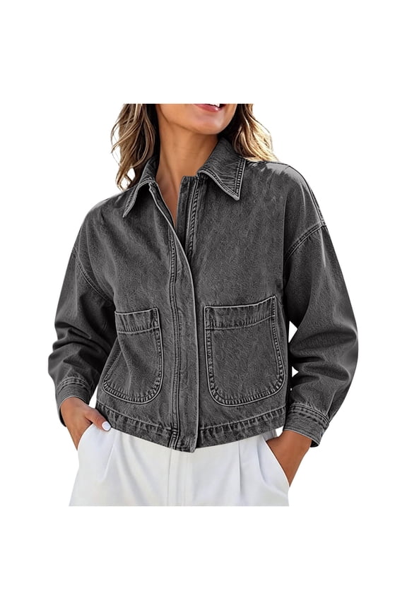 Women's Collared Button Down Cropped Denim Jacket, Long Sleeve Utility Jean Shacket with Big Chest Pockets Gray S