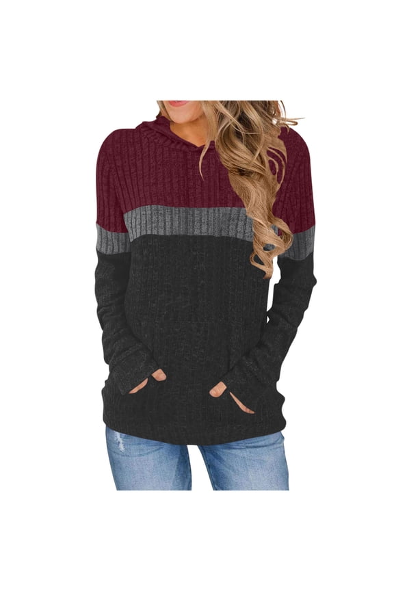 Women's Color Block Drawstring Hooded Sweatshirt Ribbed Brushed Trendy Loose Casual Knitted Winter Warm Long Sleeved Pullover with Pockets Red XXL