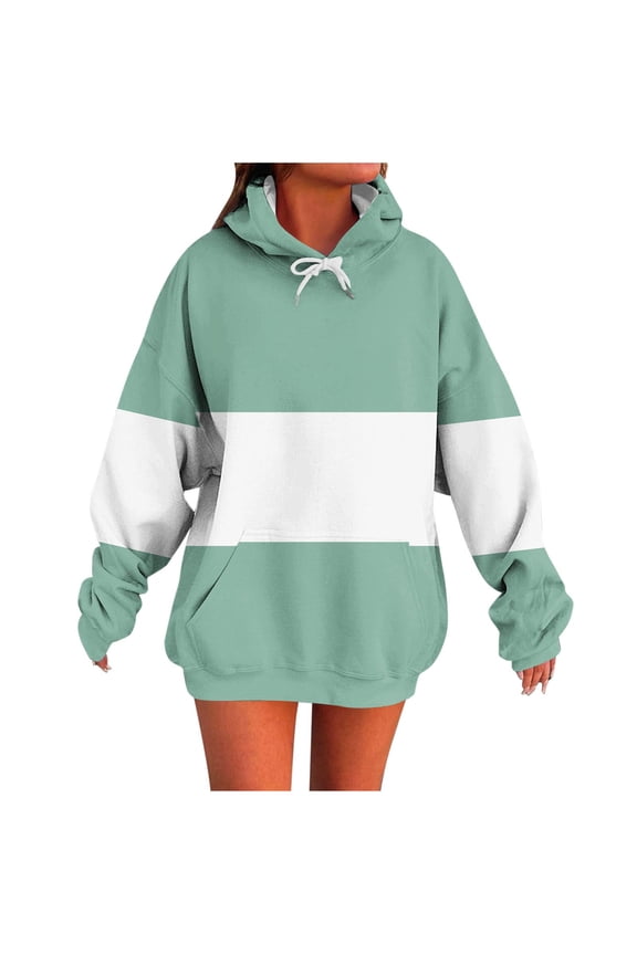 Women's Color Block Drawstring Hooded Sweatshirt Trendy Loose Casual Knitted Winter Warm Long Sleeved Pullover with Pockets Green L