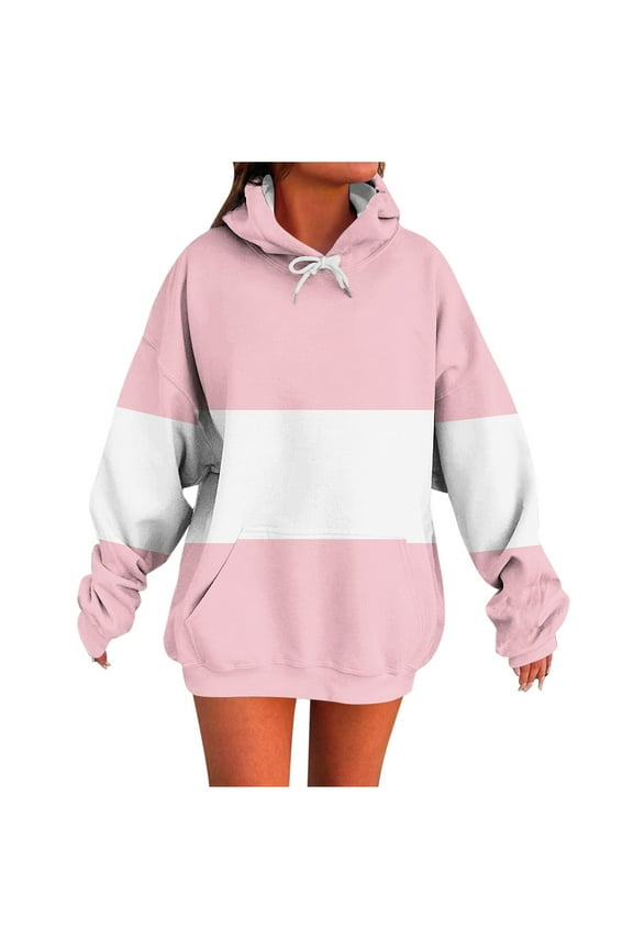 Women's Color Block Drawstring Hooded Sweatshirt Trendy Loose Casual Knitted Winter Warm Long Sleeved Pullover with Pockets Pink S