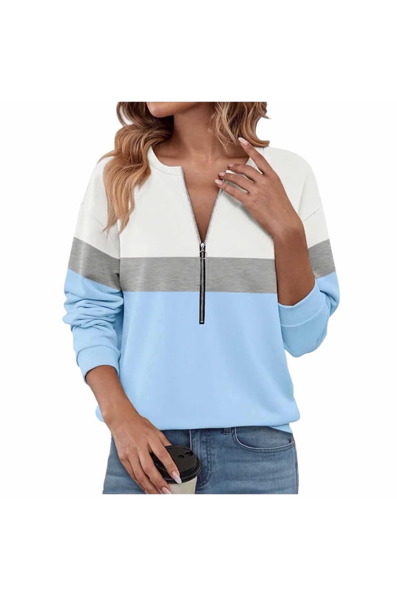 Women's Color Block Half Zip Fleece Sweatshirt 3/4 Sleeve Loose Fit Casual Fashion Pullover Tops Fall Winter Warm Sweatshirt Blue S