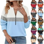 XPMWRP Women's Color Block Half Zip Fleece Sweatshirt 3/4 Sleeve Loose Fit Casual Fashion Pullover Tops Fall Winter Warm Sweatshirt Blue XXL