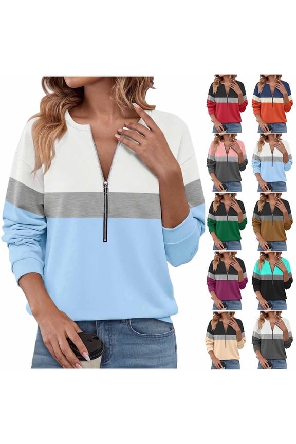 Women's Color Block Half Zip Fleece Sweatshirt 3/4 Sleeve Loose Fit Casual Fashion Pullover Tops Fall Winter Warm Sweatshirt Blue XXL