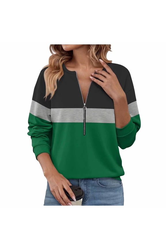 Women's Color Block Half Zip Fleece Sweatshirt 3/4 Sleeve Loose Fit Casual Fashion Pullover Tops Fall Winter Warm Sweatshirt Green XXL