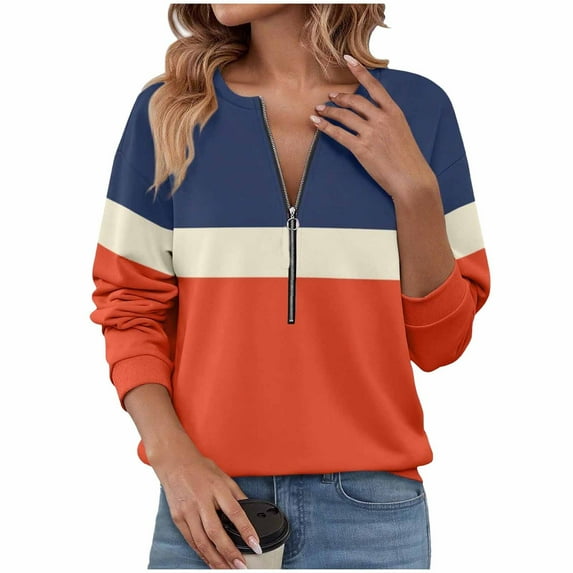 XPMWRP Women's Color Block Half Zip Fleece Sweatshirt 3/4 Sleeve Loose Fit Casual Fashion Pullover Tops Fall Winter Warm Sweatshirt Orange S