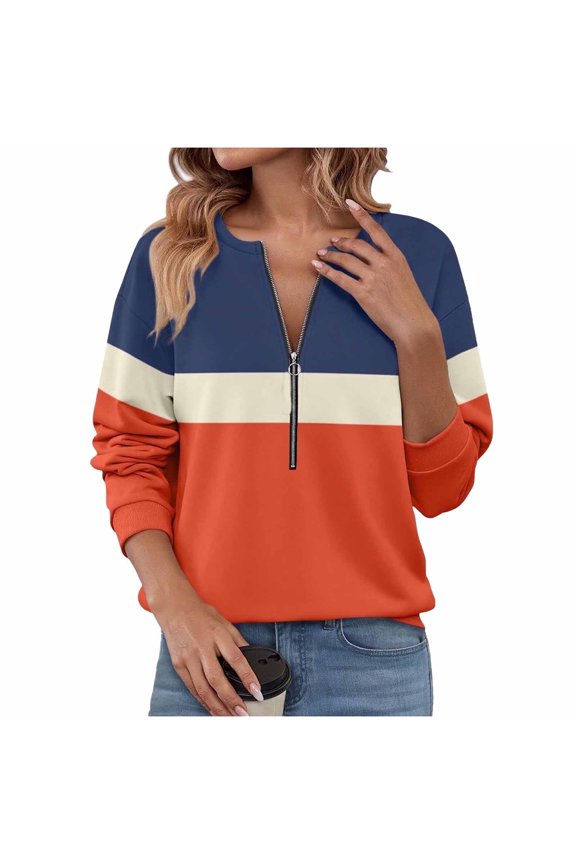 Women's Color Block Half Zip Fleece Sweatshirt 3/4 Sleeve Loose Fit Casual Fashion Pullover Tops Fall Winter Warm Sweatshirt Orange XL