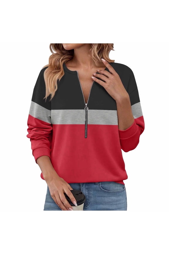 Women's Color Block Half Zip Fleece Sweatshirt 3/4 Sleeve Loose Fit Casual Fashion Pullover Tops Fall Winter Warm Sweatshirt Red XL