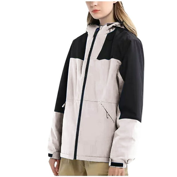 XPMWRP Women's Color Block Hooded Rain Jackets Windproof Full Zip Hiking Jackets Winter Warm Oversized Snowboarding Coats with Pockets Beige L