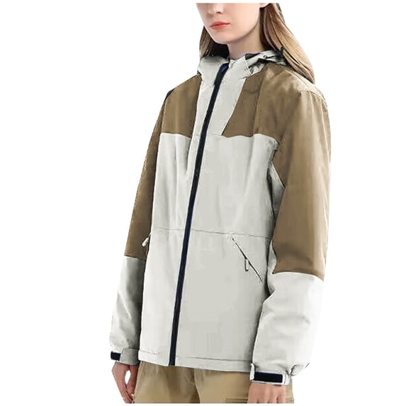 XPMWRP Women's Color Block Hooded Rain Jackets Windproof Full Zip Hiking Jackets Winter Warm Oversized Snowboarding Coats with Pockets Brown M