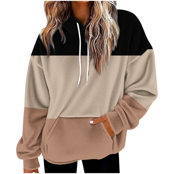 XPMWRP Women's Color Block Hoodies Drawstring Sweatshirts Long Sleeves Oversized Casual Cute Loose Lightweight Winter Pullover Sweatshirts Yellow L
